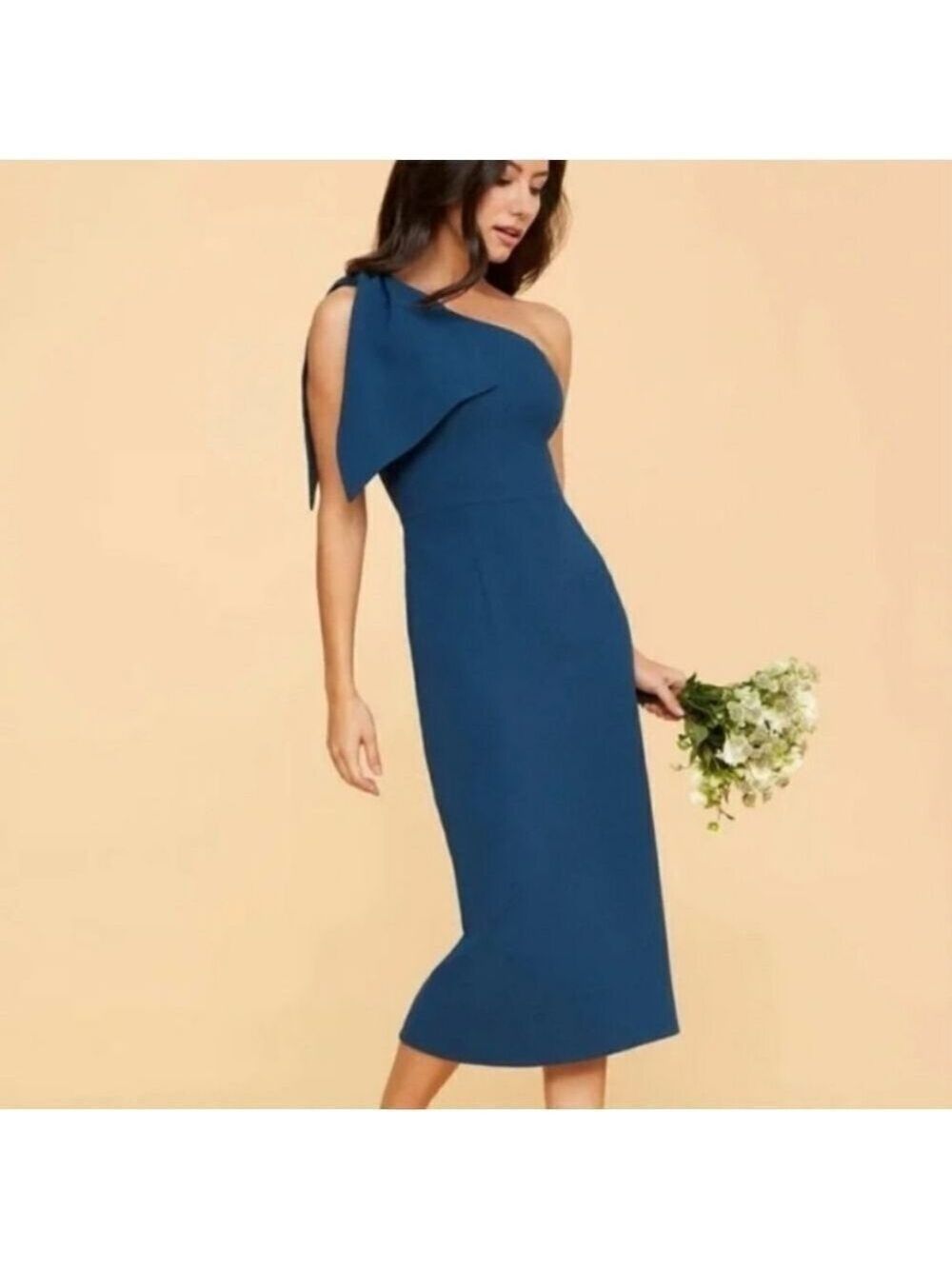 Dress the Population Tiffany One Shoulder Bow Midi Dress XS Blue NWT